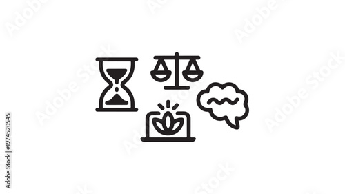 Justice Scale and Hourglass Icons for Legal Time Management Law Ethics and Corporate Balance Concepts