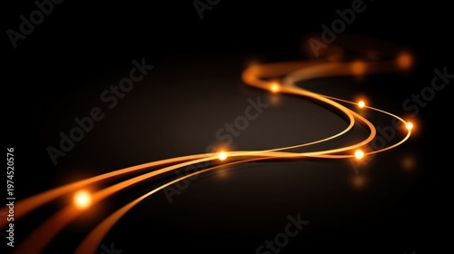 Abstract glowing orange wave lines on dark background with luminous orbs creating a sense of movement and energy in a modern artistic style