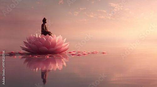 Serene Buddha Statue Sitting on Pink Lotus Flower in Water, Calm Spiritual Meditation Concept, Zen Landscape at Sunset. Culture and Religion.