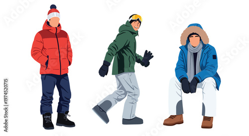 Collection set vector flat style of 3 men wearing heavy winter outdoor clothing, cold climate characters isolated on clean background for outdoor and seasonal concepts