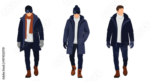 Collection set vector flat style of 3 men wearing heavy winter outdoor clothing, cold climate characters isolated on clean background for outdoor and seasonal concepts