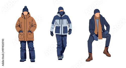 Collection set vector flat style of 3 men wearing heavy winter outdoor clothing, cold climate characters isolated on clean background for outdoor and seasonal concepts
