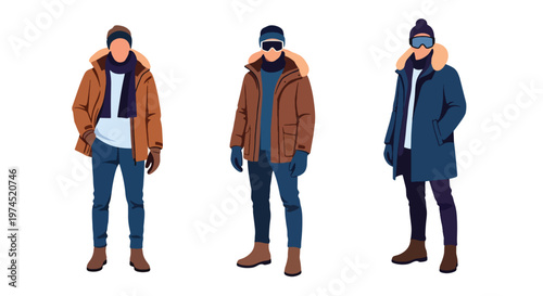 Collection set vector flat style of 3 men wearing heavy winter outdoor clothing, cold climate characters isolated on clean background for outdoor and seasonal concepts