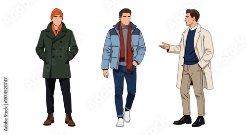 Collection set vector flat style of 3 men wearing heavy winter outdoor clothing, cold climate characters isolated on clean background for outdoor and seasonal concepts