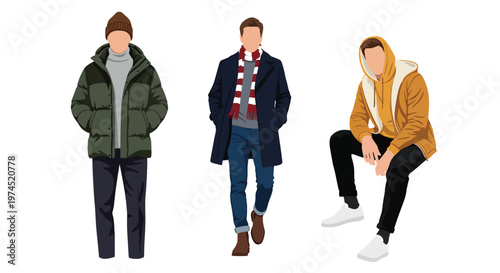 Collection set vector flat style of 3 men wearing heavy winter outdoor clothing, cold climate characters isolated on clean background for outdoor and seasonal concepts
