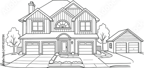 Modern suburban house exterior with garage driveway and landscaping line art vector illustration for real estate architecture design