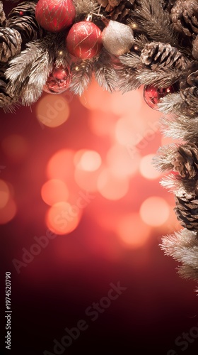 Festive Christmas Decorations with Red Bokeh Background