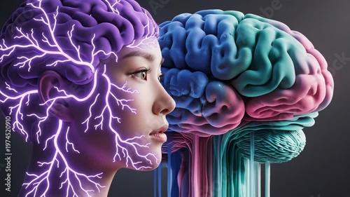 A close-up of a womans profile with a glowing brain, symbolizing mental activity and neurological processes, representing intelligence, thought, and consciousness.