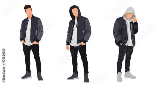 Collection set vector flat style of 3 men wearing streetwear outfits, modern urban fashion characters isolated on clean background for youth lifestyle concepts