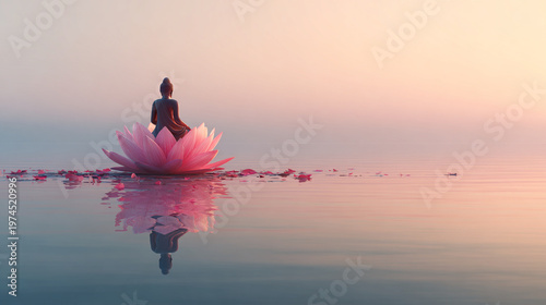 Back View of Buddha Meditating on Pink Lotus in Still Water, Zen Spiritual Reflection with Pastel Sunrise Sky.  Culture and Religion.