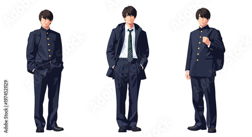 Collection set vector flat style of 3 male students in school uniforms, education characters isolated on clean background for academic and student life concepts
