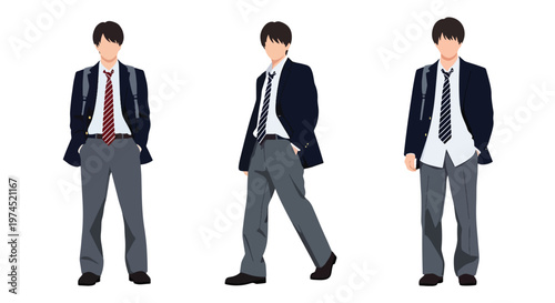 Collection set vector flat style of 3 male students in school uniforms, education characters isolated on clean background for academic and student life concepts