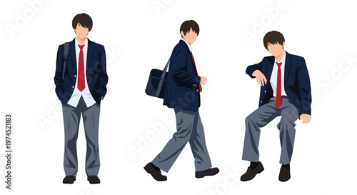 Collection set vector flat style of 3 male students in school uniforms, education characters isolated on clean background for academic and student life concepts