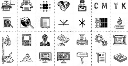 Printing and Graphic Design Icons: CMYK, Presses, Ink, Monitor, Gears, Art