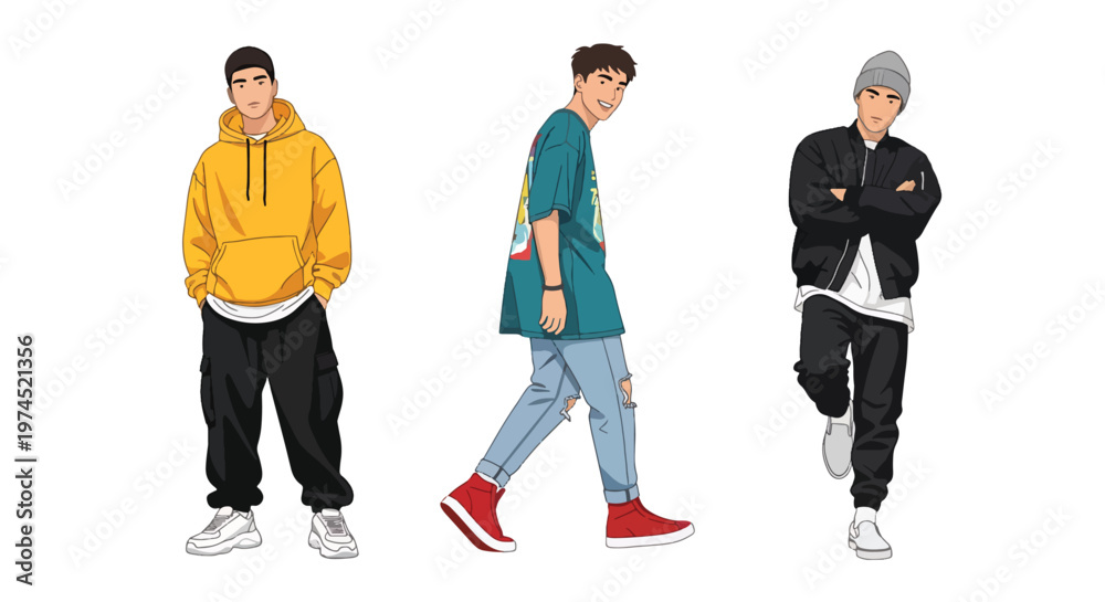 Fototapeta premium Collection set vector flat style of 3 men wearing streetwear outfits, modern urban fashion characters isolated on clean background for youth lifestyle concepts