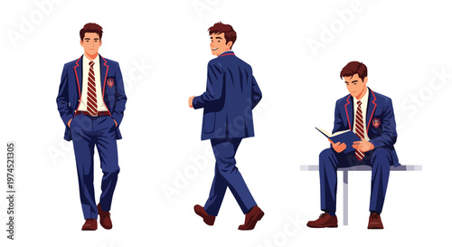 Collection set vector flat style of 3 male students in school uniforms, education characters isolated on clean background for academic and student life concepts