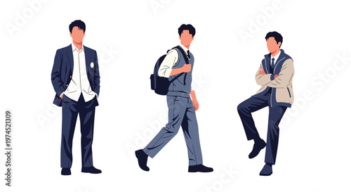 Collection set vector flat style of 3 male students in school uniforms, education characters isolated on clean background for academic and student life concepts