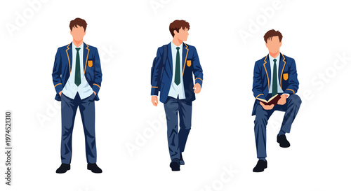 Collection set vector flat style of 3 male students in school uniforms, education characters isolated on clean background for academic and student life concepts