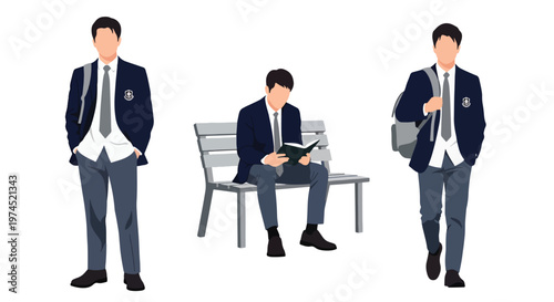 Collection set vector flat style of 3 male students in school uniforms, education characters isolated on clean background for academic and student life concepts