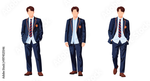 Collection set vector flat style of 3 male students in school uniforms, education characters isolated on clean background for academic and student life concepts