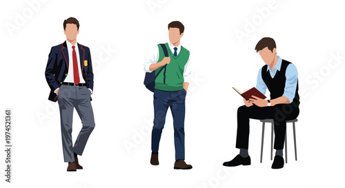 Collection set vector flat style of 3 male students in school uniforms, education characters isolated on clean background for academic and student life concepts