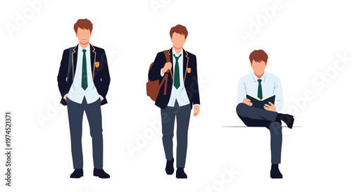 Collection set vector flat style of 3 male students in school uniforms, education characters isolated on clean background for academic and student life concepts
