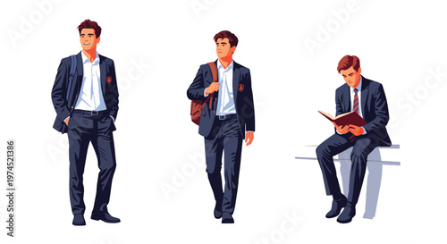 Collection set vector flat style of 3 male students in school uniforms, education characters isolated on clean background for academic and student life concepts