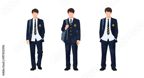 Collection set vector flat style of 3 male students in school uniforms, education characters isolated on clean background for academic and student life concepts