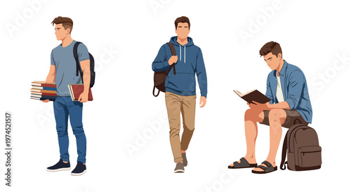 Collection set vector flat style of 3 male college students, casual learning lifestyle characters isolated on clean background for education and campus concepts