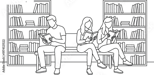 People reading books in library sitting on bench with bookshelves line art vector illustration educational concept