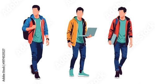 Collection set vector flat style of 3 male college students, casual learning lifestyle characters isolated on clean background for education and campus concepts