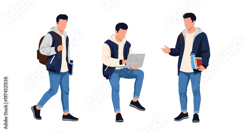 Collection set vector flat style of 3 male college students, casual learning lifestyle characters isolated on clean background for education and campus concepts