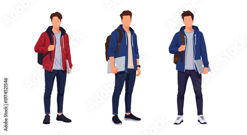 Collection set vector flat style of 3 male college students, casual learning lifestyle characters isolated on clean background for education and campus concepts