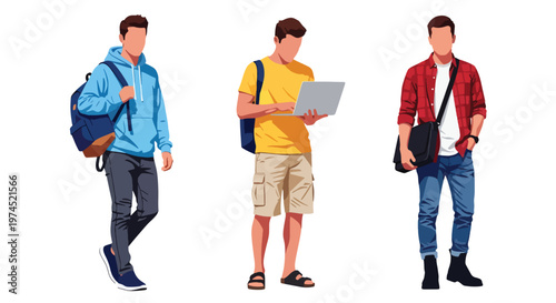 Collection set vector flat style of 3 male college students, casual learning lifestyle characters isolated on clean background for education and campus concepts