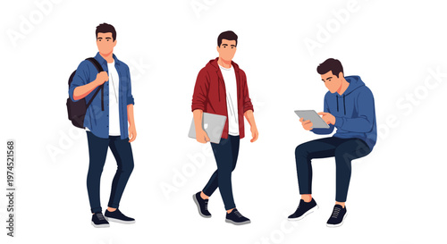 Collection set vector flat style of 3 male college students, casual learning lifestyle characters isolated on clean background for education and campus concepts