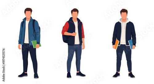 Collection set vector flat style of 3 male college students, casual learning lifestyle characters isolated on clean background for education and campus concepts