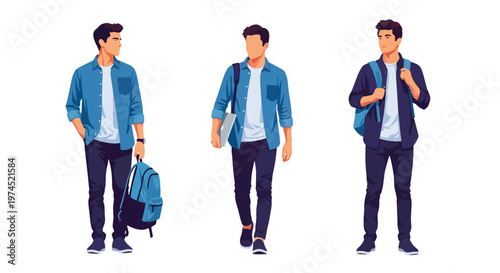 Collection set vector flat style of 3 male college students, casual learning lifestyle characters isolated on clean background for education and campus concepts