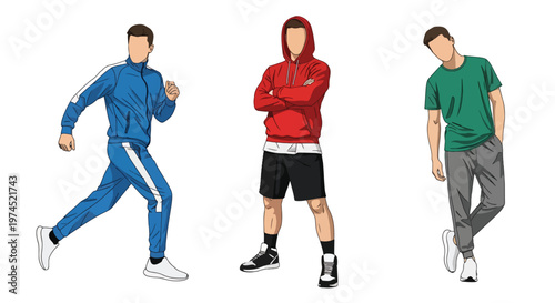 Collection set vector flat style of 3 men wearing sport outfits in active poses, athletic lifestyle characters isolated on clean background for fitness and training concepts