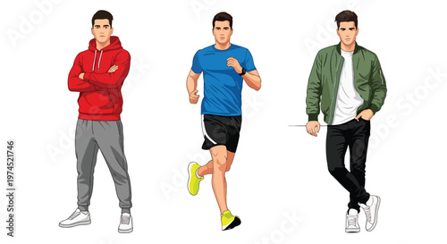 Collection set vector flat style of 3 men wearing sport outfits in active poses, athletic lifestyle characters isolated on clean background for fitness and training concepts
