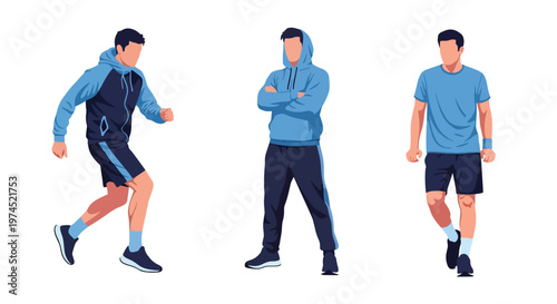 Collection set vector flat style of 3 men wearing sport outfits in active poses, athletic lifestyle characters isolated on clean background for fitness and training concepts