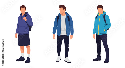 Collection set vector flat style of 3 men wearing sport outfits in active poses, athletic lifestyle characters isolated on clean background for fitness and training concepts