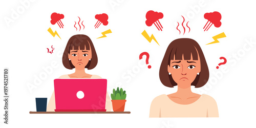 Stressed young woman working on laptop and feeling overwhelmed