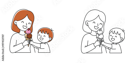 Happy Mother and Son Eating Ice Cream Illustration and Coloring Page Set, Cute Woman and Child Sharing Sweet Dessert Together Vector Design for Kids Activity and Education (179 characters)