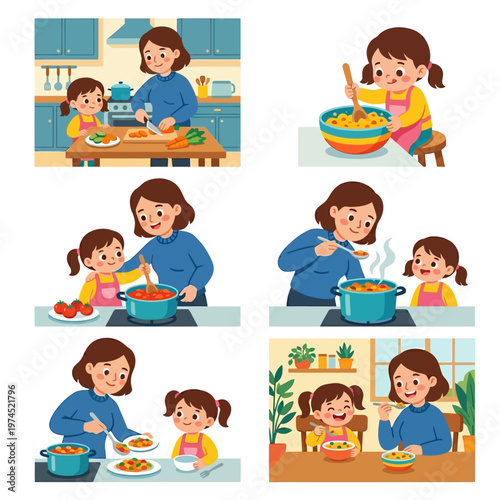 Set of six vibrant cartoon-style illustrations showing a mother and daughter happily cooking and sharing meals together at home, with the mother chopping vegetables, stirring pots, serving plates,