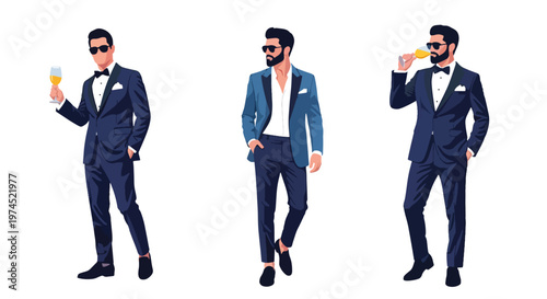 Collection set vector flat style of 3 men wearing stylish party outfits in confident poses, fashionable nightlife characters isolated on clean background for celebration and entertainment concepts