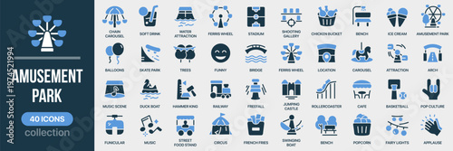 Amusement park fill icon collection. Includes rides, attractions, food, entertainment and leisure activity symbols. Created in colored style with blue palette