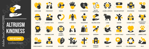Altruism kindness fill icon collection. Includes charity, donation, volunteering, support, empathy and humanitarian activity symbols. Created in colored style with yellow palette