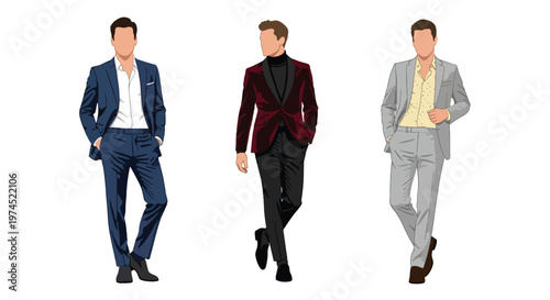 Collection set vector flat style of 3 men wearing stylish party outfits in confident poses, fashionable nightlife characters isolated on clean background for celebration and entertainment concepts