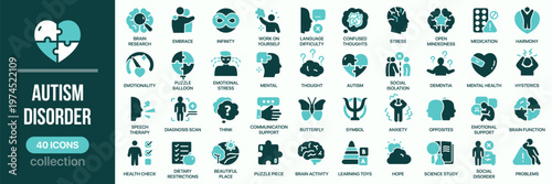 Autism disorder fill icon collection. Includes mental health, therapy, communication, support, diagnosis and neurodevelopment condition symbols. Created in colored style with turquoise palette