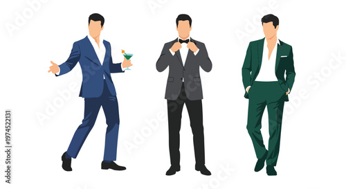 Collection set vector flat style of 3 men wearing stylish party outfits in confident poses, fashionable nightlife characters isolated on clean background for celebration and entertainment concepts